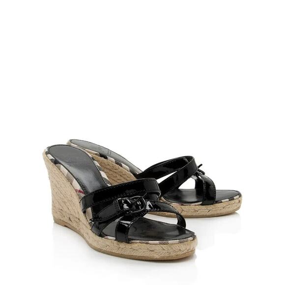 BURBERRY BLACK PATENT LEATHER CHECK LOGO SLIDE JUTE ESPADRILLE SANDALS 40 10 - Picture 10 of 14